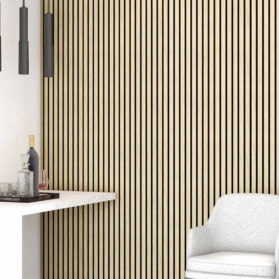 panneau acoustique decoratif mural des brises en mdf pet finition chene clair sur fond noir - dinachoc - 520x18x2400mm | Panneaux Muraux | Premibel Parquet panneau acoustique decoratif mural des brises en mdf pet finition chene clair sur fond noir - dinachoc - 520x18x2400mm | Panneaux Muraux | Premibel Parquet