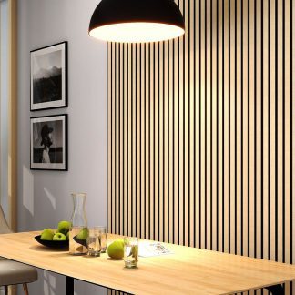 PANNEAU ACOUSTIQUE DECORATIF MURAL DE L'AUBE EN MDF PET FINITION CHENE GOLDEN SUR FOND NOIR - DINACHOC - 520X18X2400mm