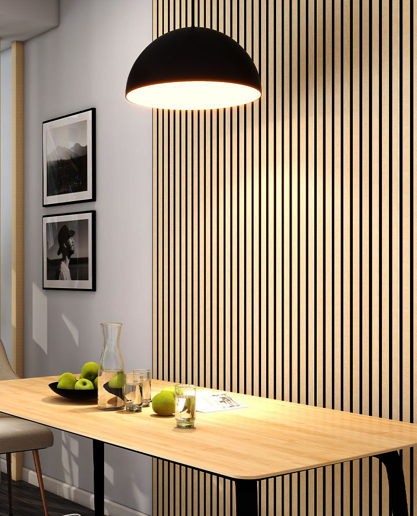 PANNEAU ACOUSTIQUE DECORATIF MURAL DE L'AUBE EN MDF PET FINITION CHENE GOLDEN SUR FOND NOIR - DINACHOC - 520X18X2400mm - Premibel Parquet PANNEAU ACOUSTIQUE DECORATIF MURAL DE L'AUBE EN MDF PET FINITION CHENE GOLDEN SUR FOND NOIR - DINACHOC - 520X18X2400mm - Parquet m² - Premibel Parquet