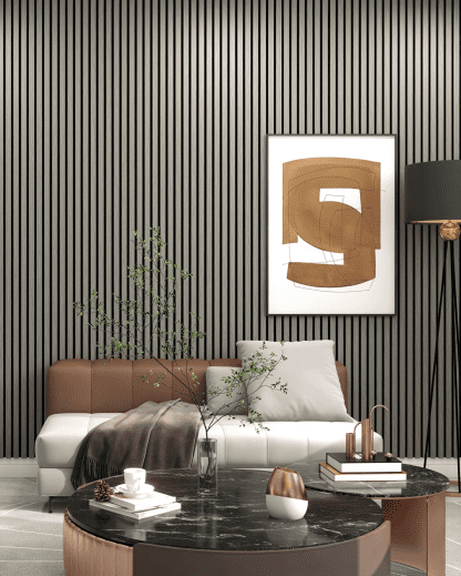 PANNEAU ACOUSTIQUE DECORATIF MURAL DES SONGES EN MDF PET FINITION CHENE NOIR SUR FOND NOIR - DINACHOC - 520X18X2400mm