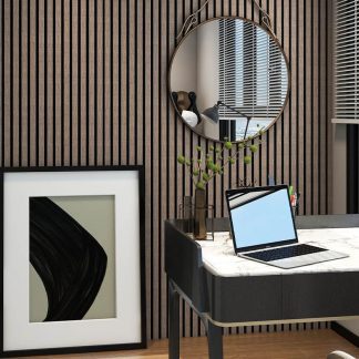 PANNEAU ACOUSTIQUE DECORATIF MURAL CELESTE EN MDF PET FINITION WALNUT SUR FOND NOIR - DINACHOC - 520X18X2400mm