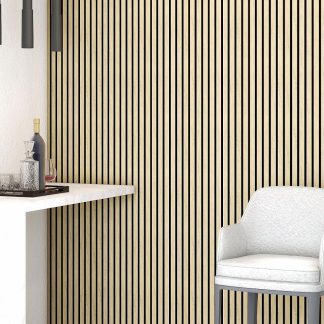 PANNEAU ACOUSTIQUE DECORATIF MURAL DES BRISES EN MDF PET FINITION CHENE CLAIR SUR FOND NOIR - DINACHOC - 520X18X2400mm
