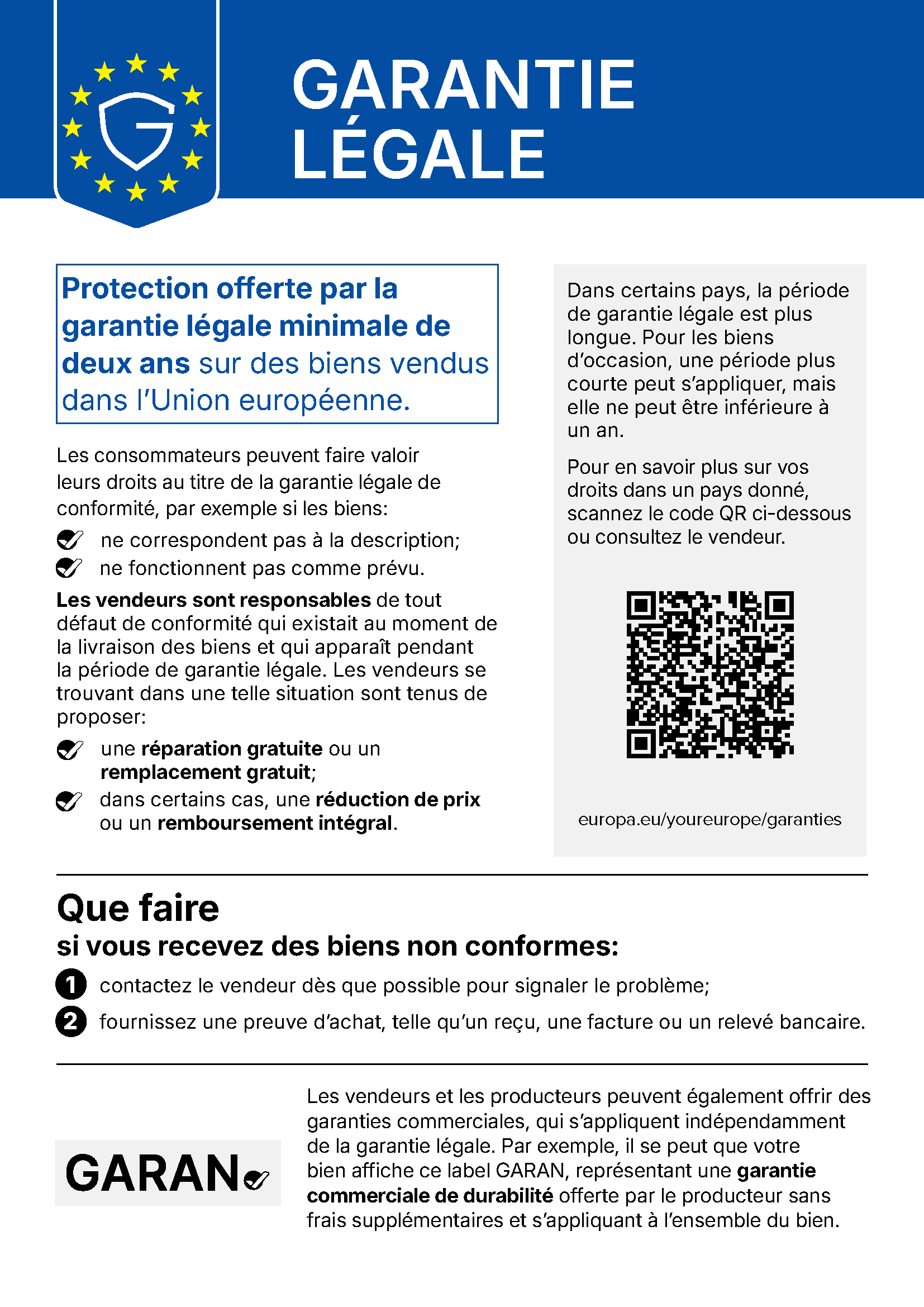 Notice européenne : garantie légale de conformité de 2 ans minimum